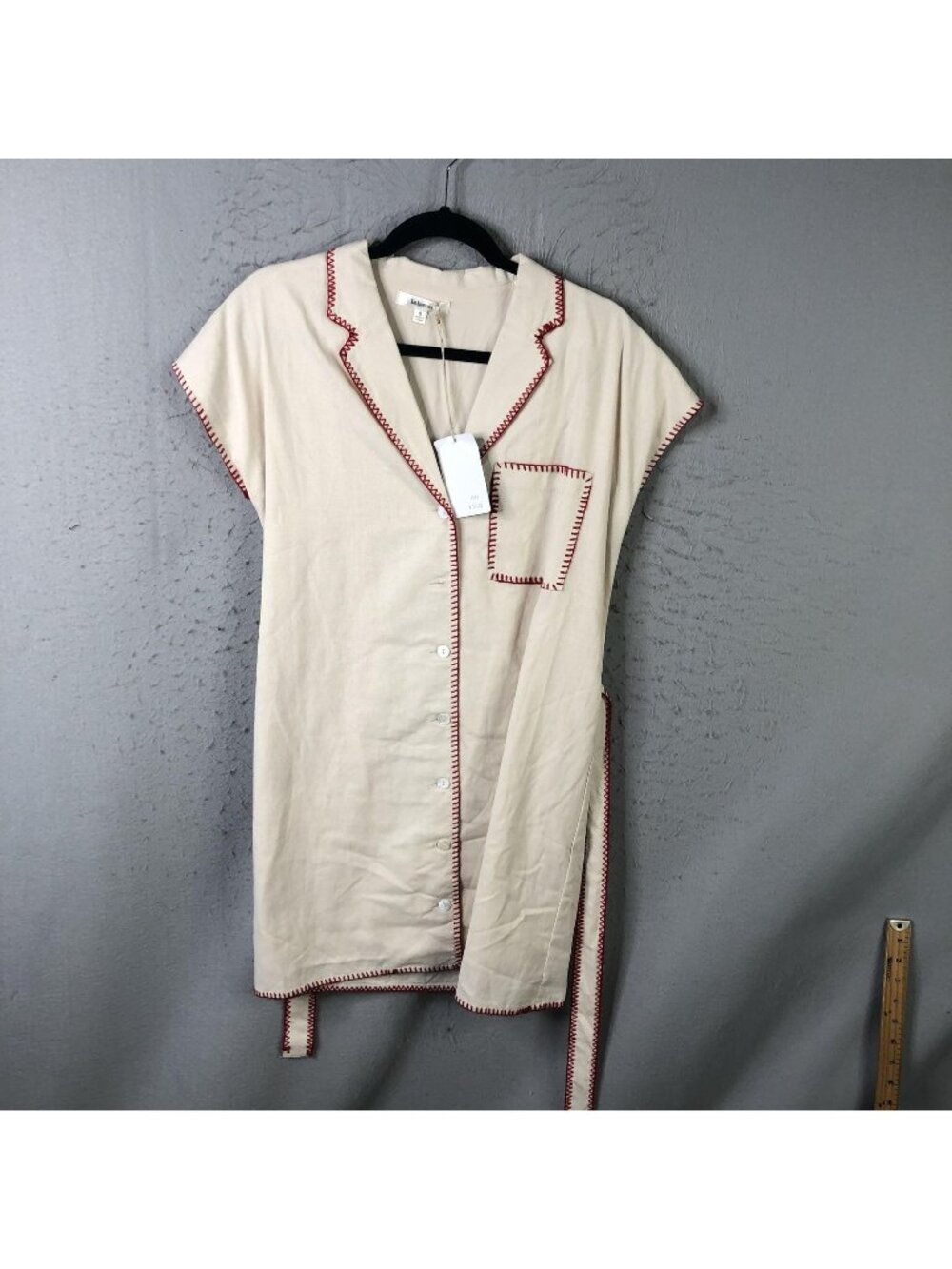 La Lavon. Dress Womens S Cream Belted Shirt Dress Embroidered Trim Short Linen